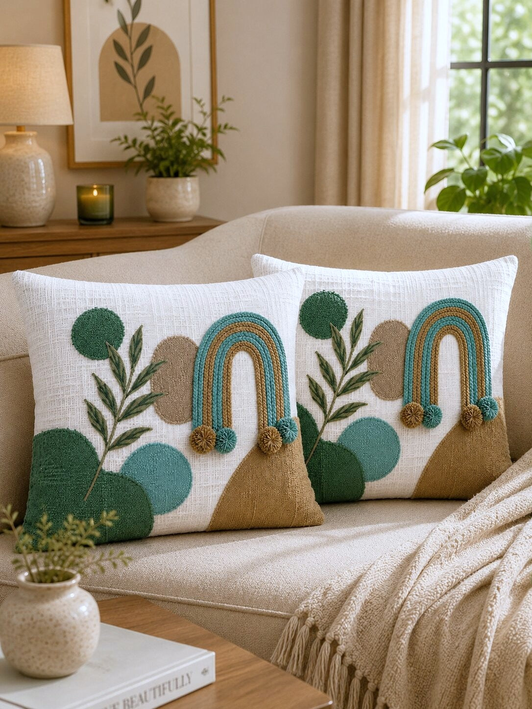 Zaria Boho Hand-Embroidered Cotton Cushion Cover – Set of 2