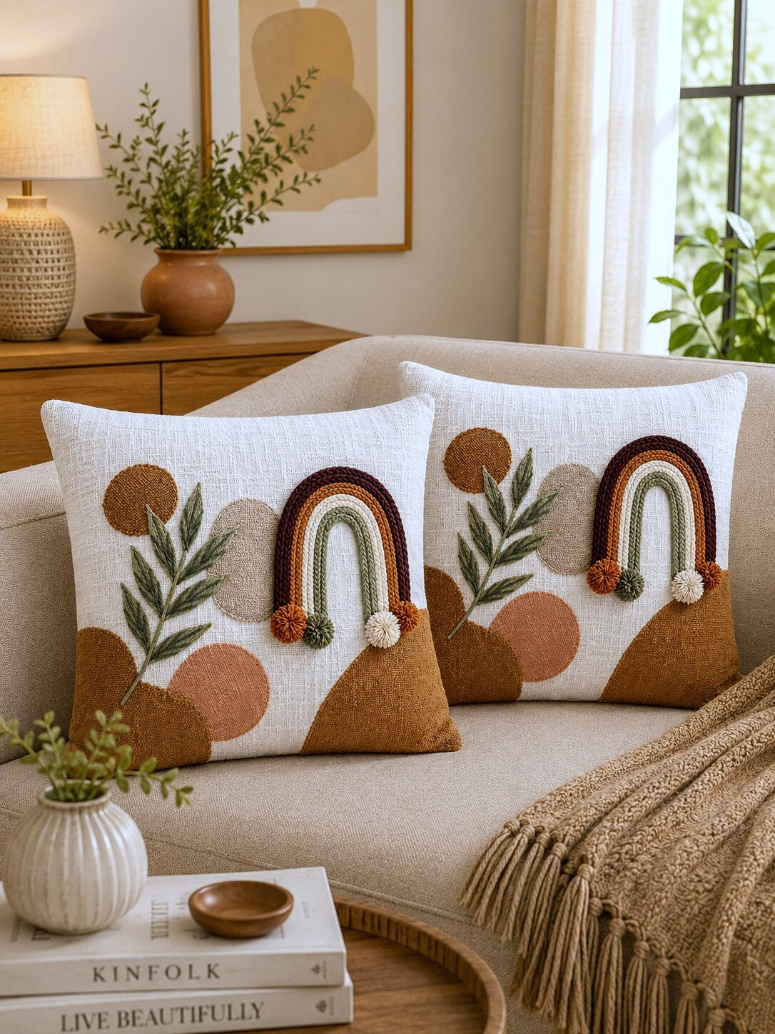 Sienna Boho Hand-Embroidered Cotton Cushion Cover – Set of 2