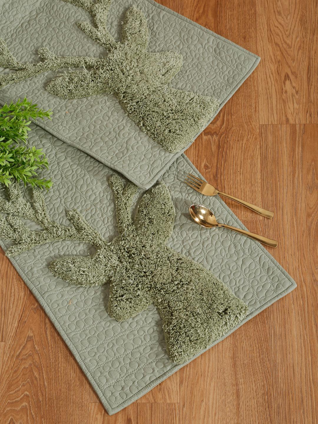 Olive Green Reindeer Tufted and Quilted Table Runner