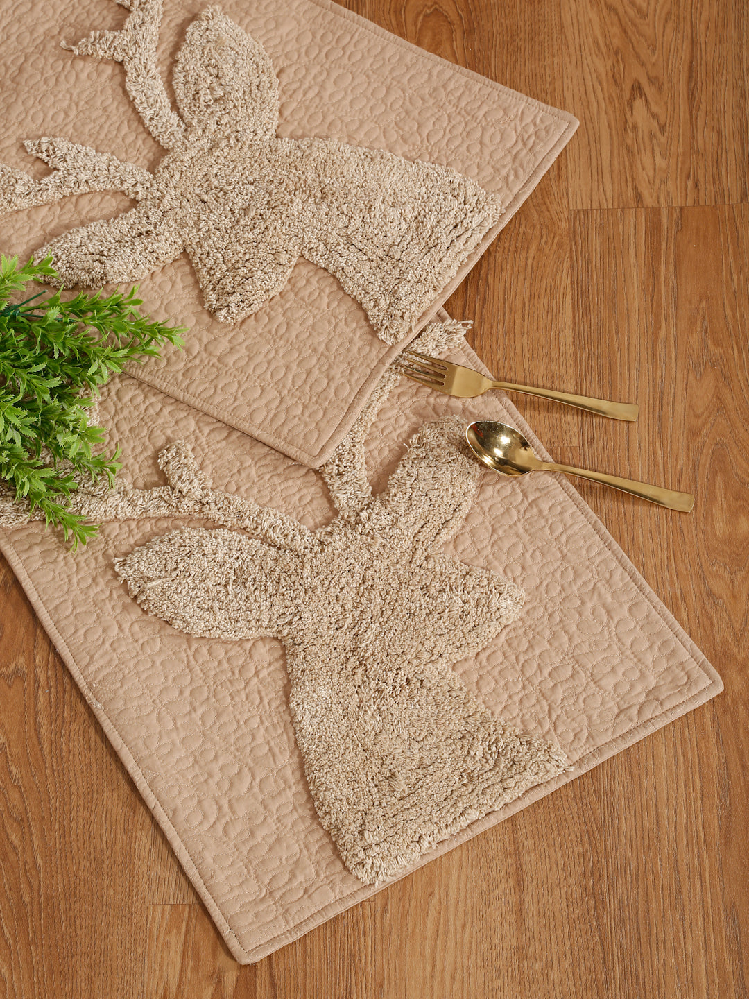 Beige Reindeer Tufted and Quilted Table Runner