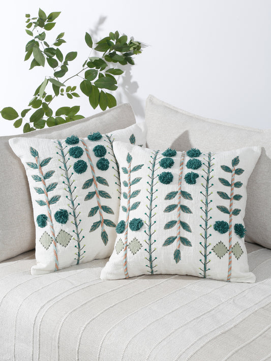 Embroidered Leaf Pom Pom Pillow Cover