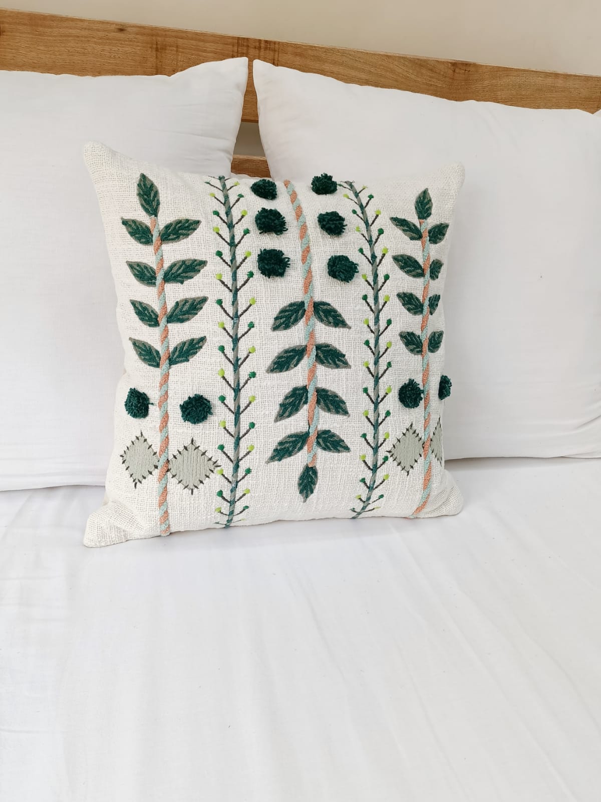 Embroidered Leaf Pom Pom Pillow Cover