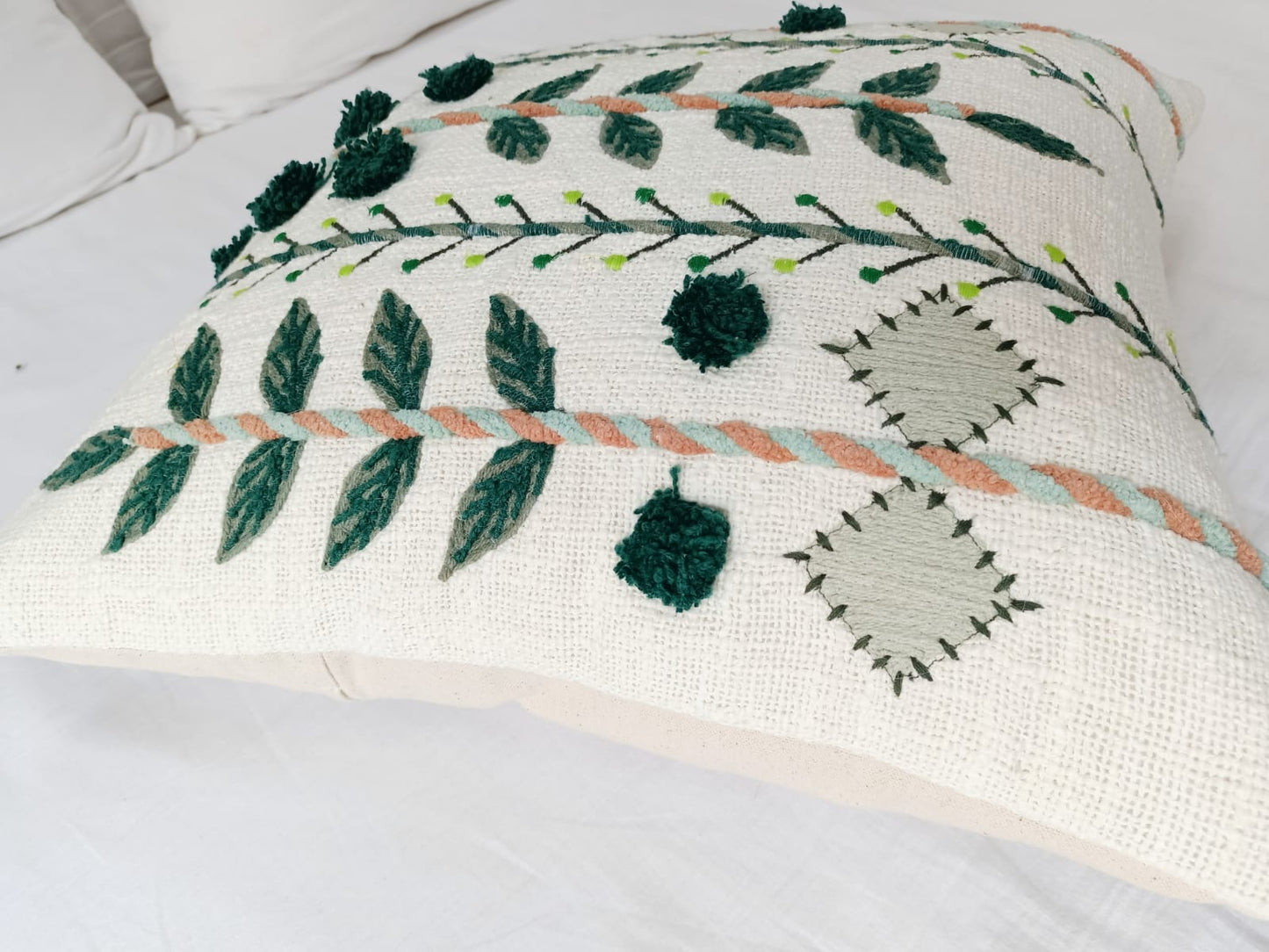 Embroidered Leaf Pom Pom Pillow Cover