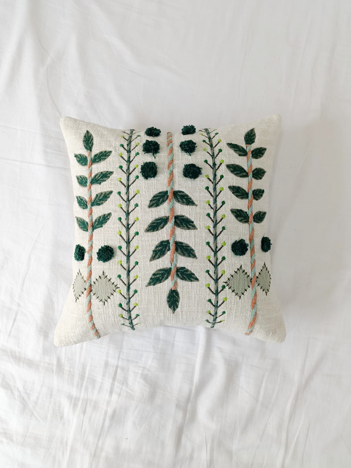 Embroidered Leaf Pom Pom Pillow Cover