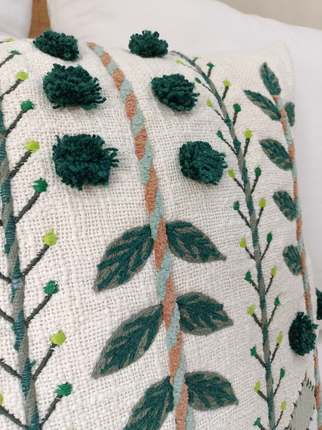 Embroidered Leaf Pom Pom Pillow Cover