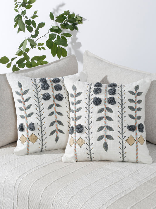 Gray Embroidered Leaf Pom Pom Pillow Cover