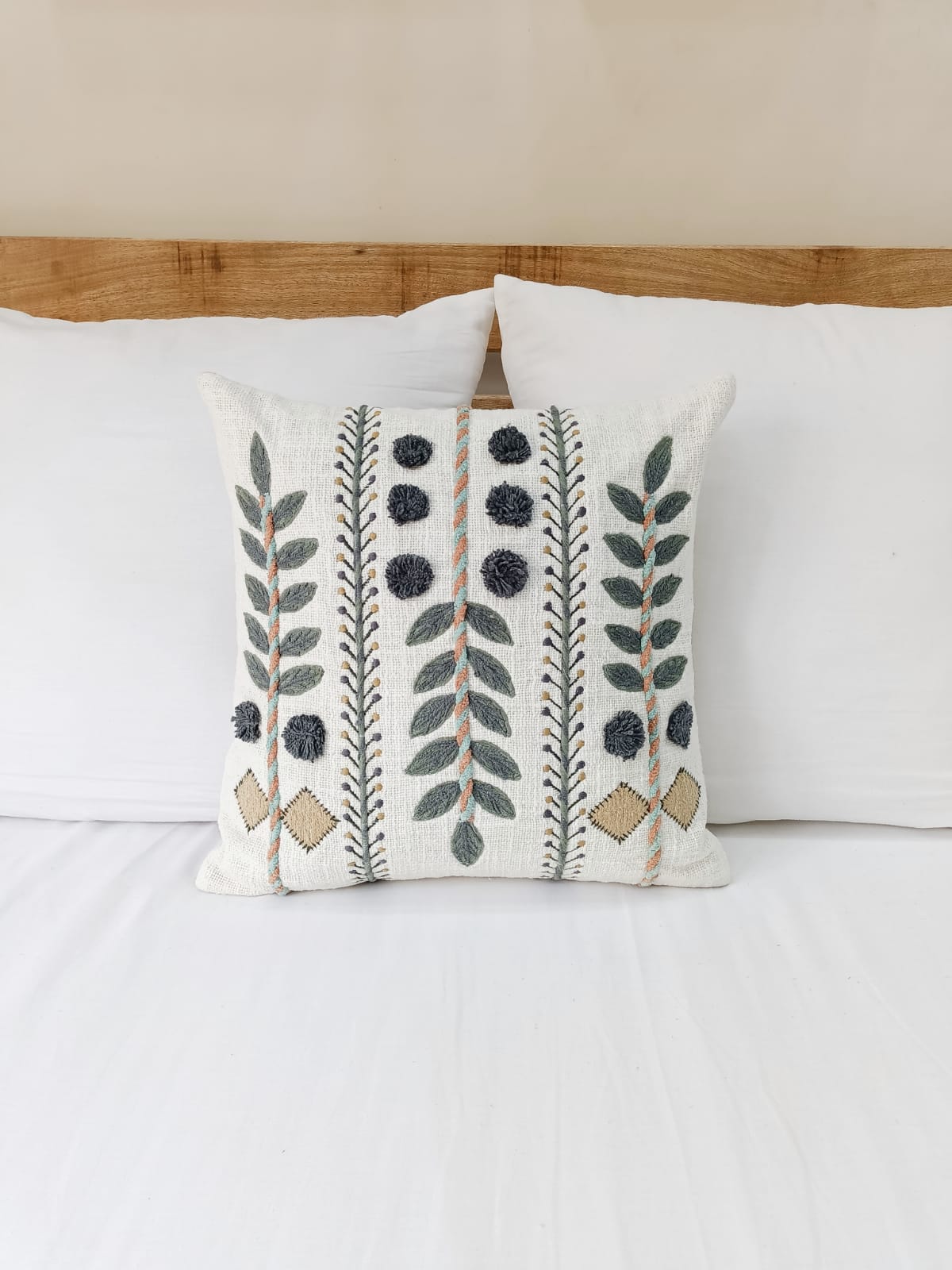 Gray Embroidered Leaf Pom Pom Pillow Cover