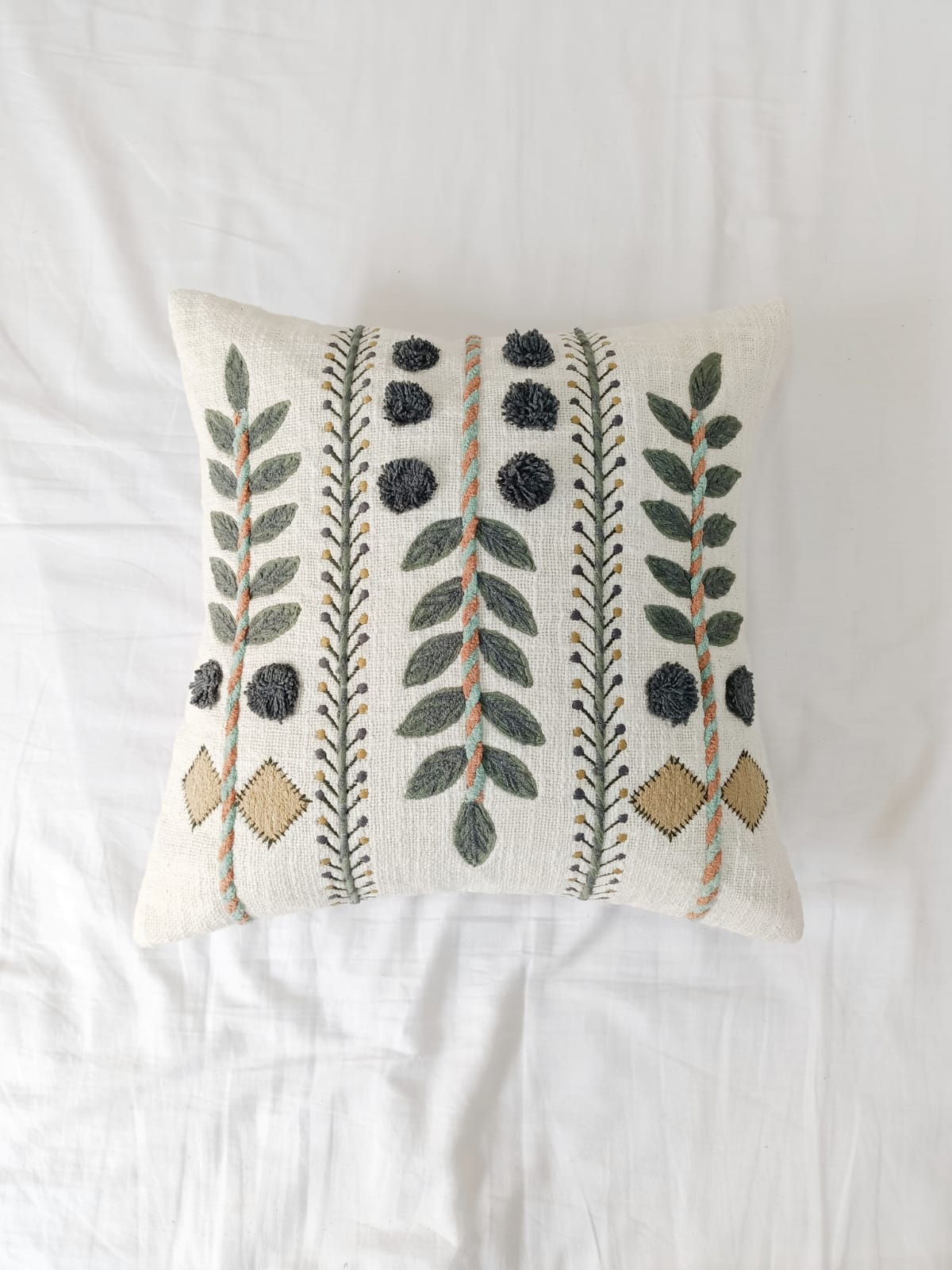 Gray Embroidered Leaf Pom Pom Pillow Cover