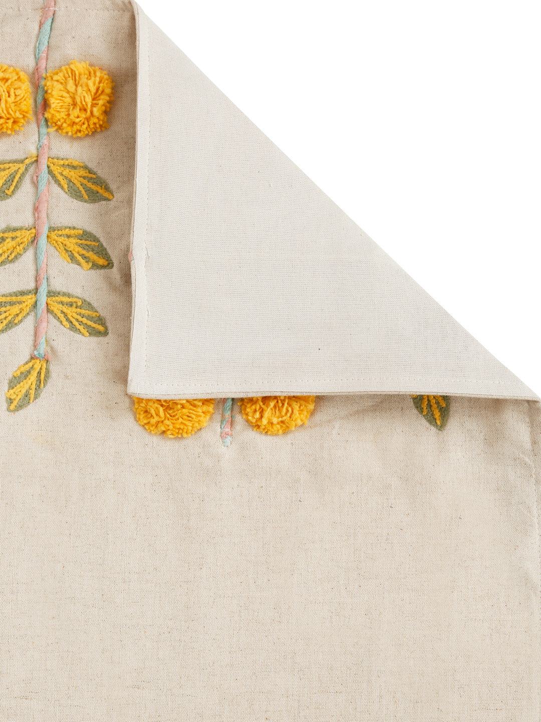 Off White & Yellow Floral Hand Embroidered Cotton Table Runner