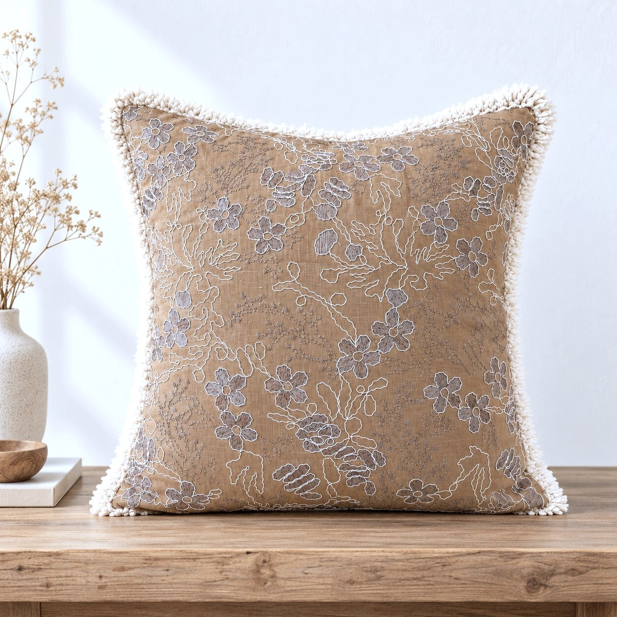Sandstone Bloom Embroidered Fringe Cushion Cover – Set of 2