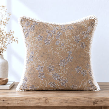 Sandstone Bloom Embroidered Fringe Cushion Cover – Set of 2