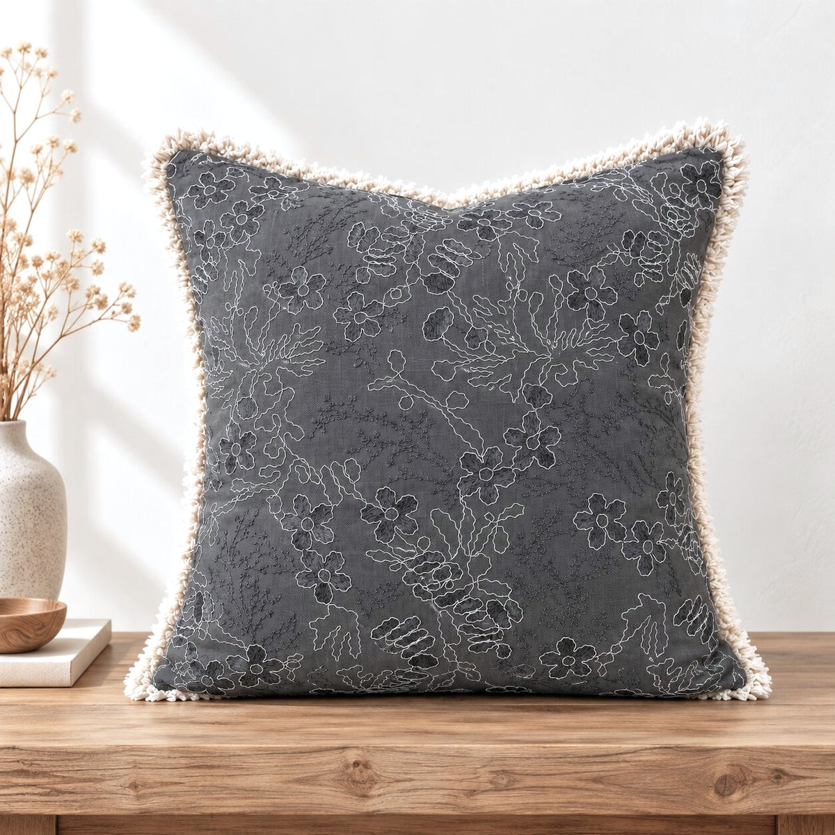 Charcoal Embroidered Fringe Cushion Cover – Set of 2