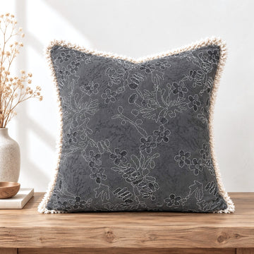 Charcoal Embroidered Fringe Cushion Cover – Set of 2