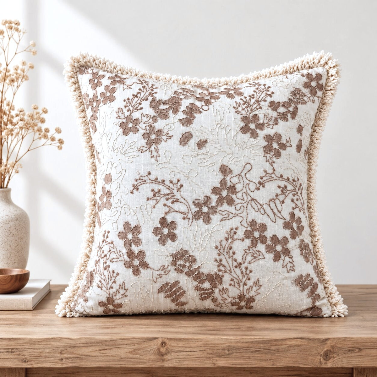 Mocha Bloom Embroidered Fringe Cushion Cover – Set of 2