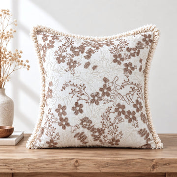Mocha Bloom Embroidered Fringe Cushion Cover – Set of 2