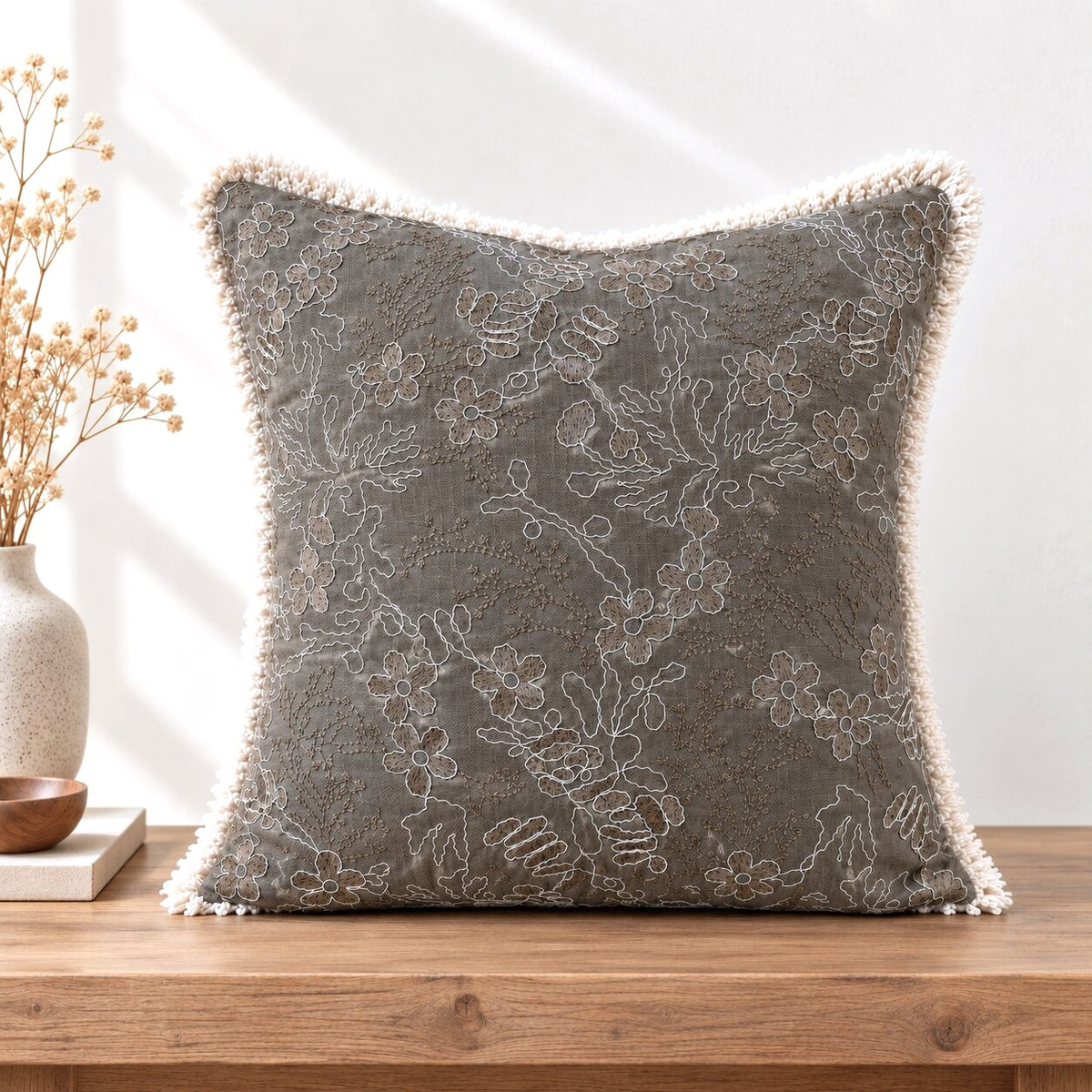 Taupe Garden Embroidered Fringe Cushion Cover – Set of 2