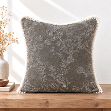 Taupe Garden Embroidered Fringe Cushion Cover – Set of 2