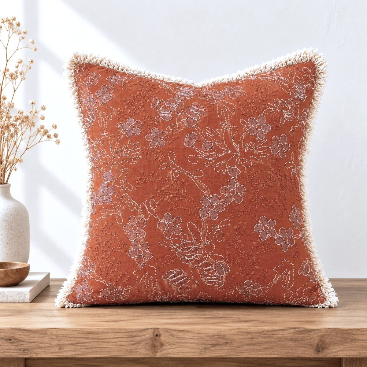 Terracotta Garden Embroidered Fringe Cushion Cover – Set of 2