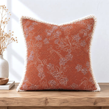 Terracotta Garden Embroidered Fringe Cushion Cover – Set of 2