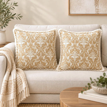 Beige Garden Fringed Embroidered Cotton Cushion Cover – Set of 2