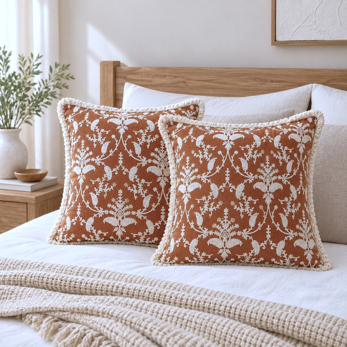 Rust Garden Fringed Embroidered Cotton Cushion Cover – Set of 2