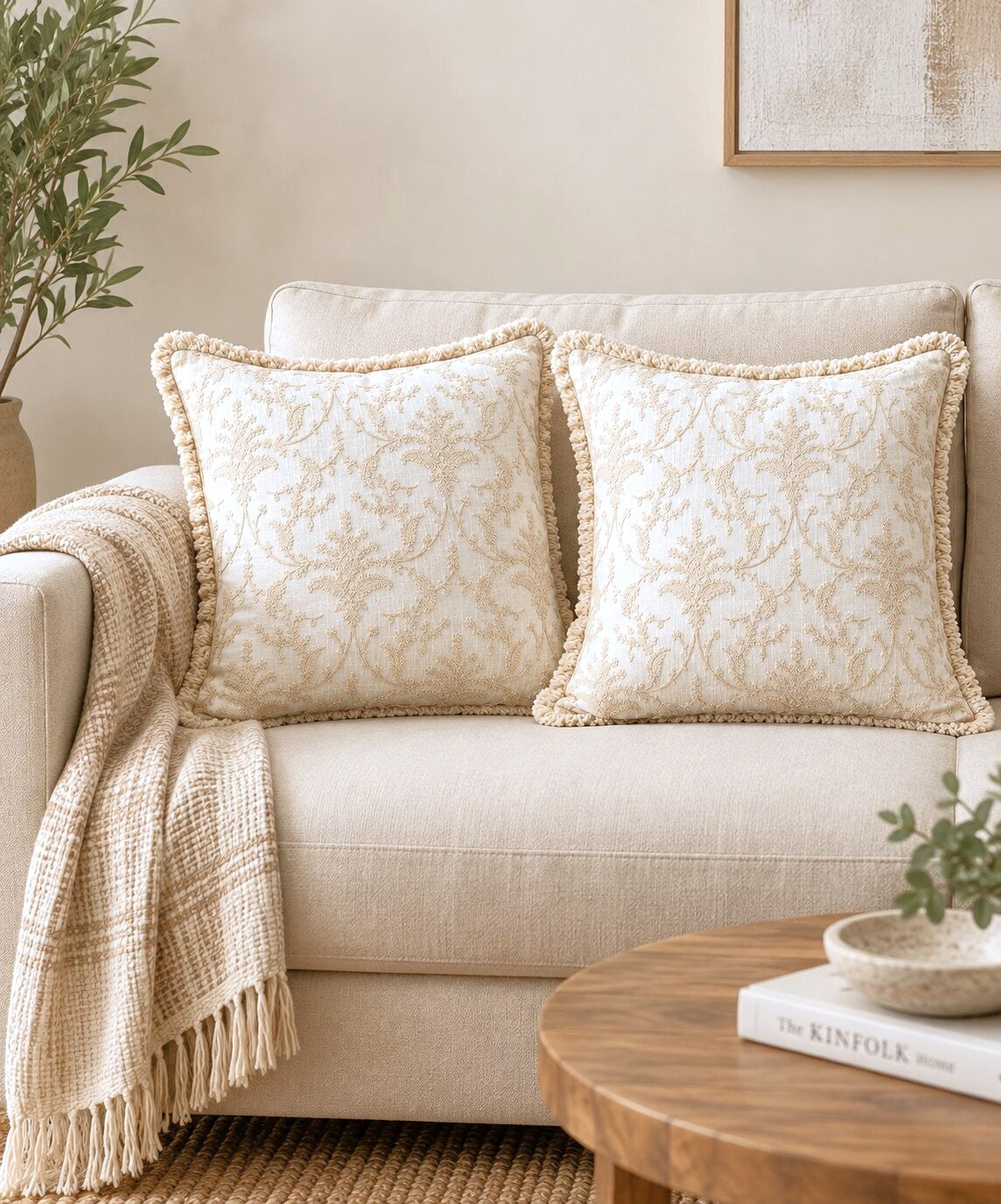 Ivory Garden Fringed Embroidered Cotton Cushion Cover – Set of 2