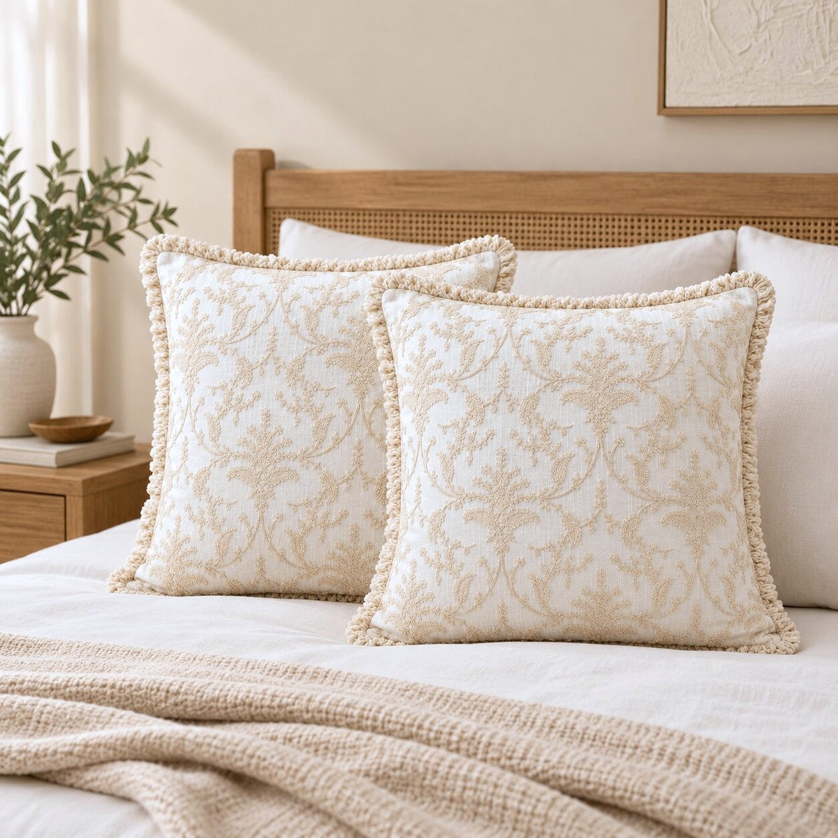 Ivory Garden Fringed Embroidered Cotton Cushion Cover – Set of 2