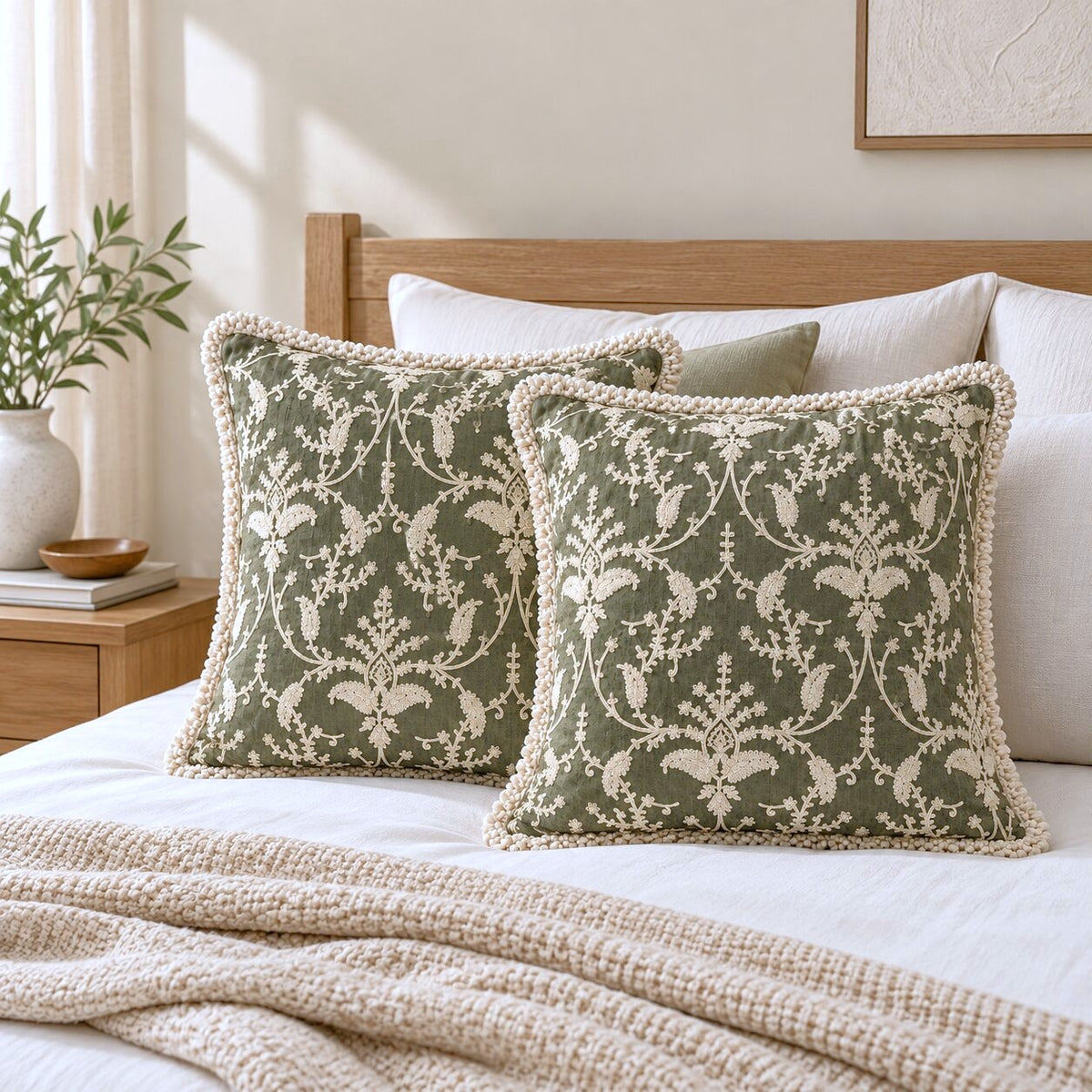 Olive Garden Fringed Embroidered Cotton Cushion Cover – Set of 2