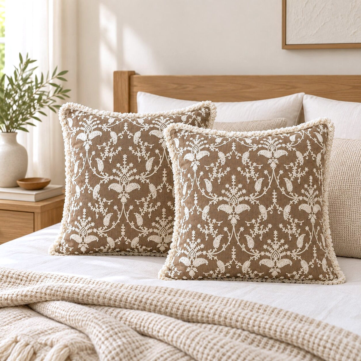 Taupe Garden Fringed Embroidered Cotton Cushion Cover – Set of 2