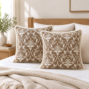 Taupe Garden Fringed Embroidered Cotton Cushion Cover – Set of 2