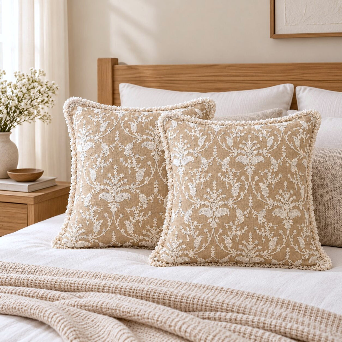 Beige Garden Fringed Embroidered Cotton Cushion Cover – Set of 2