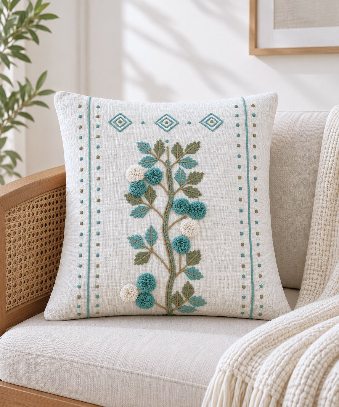Aqua Bloom Hand-Embroidered Cotton Cushion Cover – Set of 2