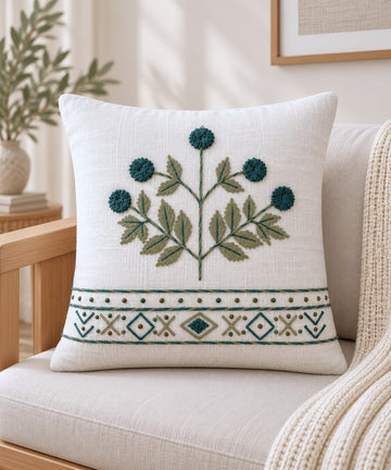 Emerald Grove Hand-Embroidered Cotton Cushion Cover – Set of 2