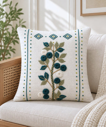 Evergreen Bloom Hand-Embroidered Cotton Cushion Cover – Set of 2