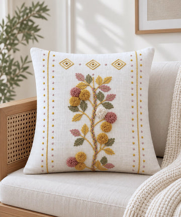 Golden Meadow Hand-Embroidered Cotton Cushion Cover – Set of 2
