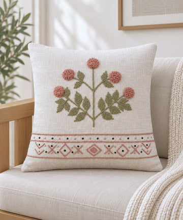 Blush Meadow Hand-Embroidered Cotton Cushion Cover – Set of 2