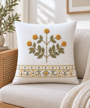 Golden Bloom Hand-Embroidered Cotton Cushion Cover – Set of 2
