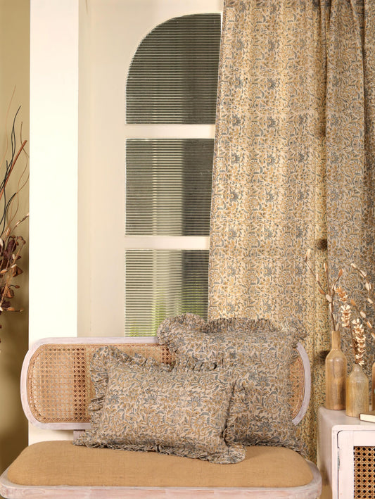 Coordinated Farmhouse Living Room Linen Curtain with Sofa Throw Pillow Cover