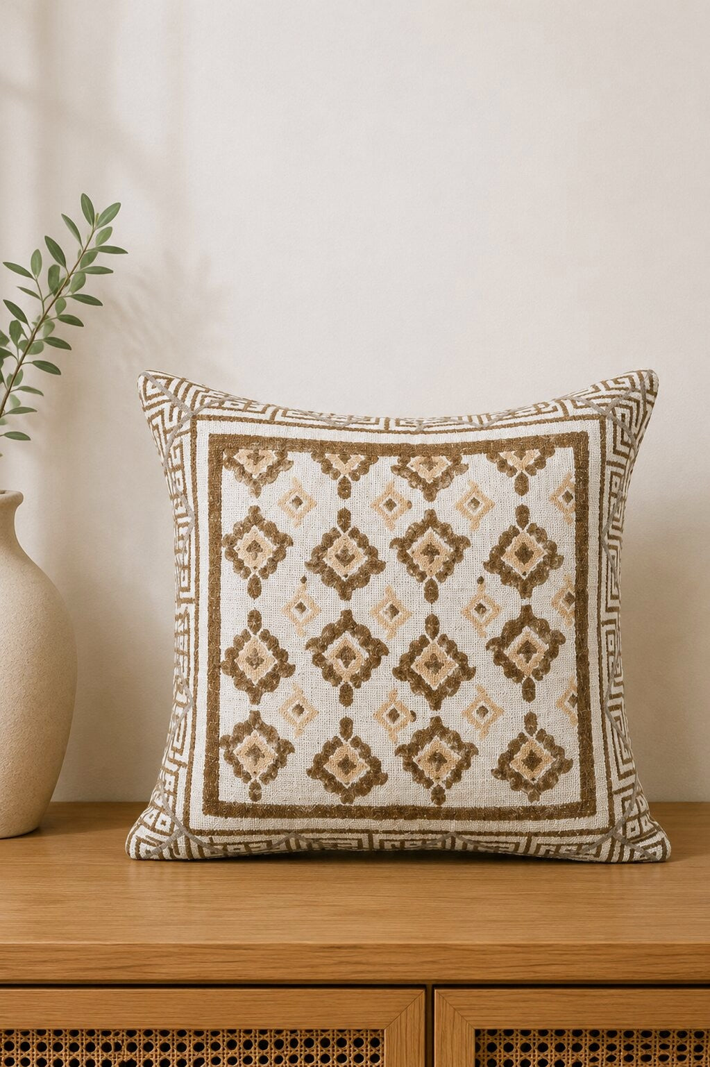 Ivory Mocha Embroidered Cushion Cover – Set of 2