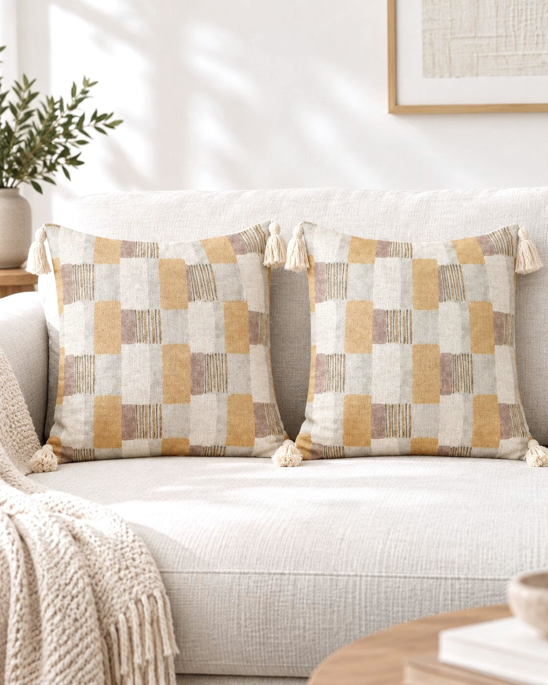 Golden Blocks Tassel Cushion Covers – Set of 2