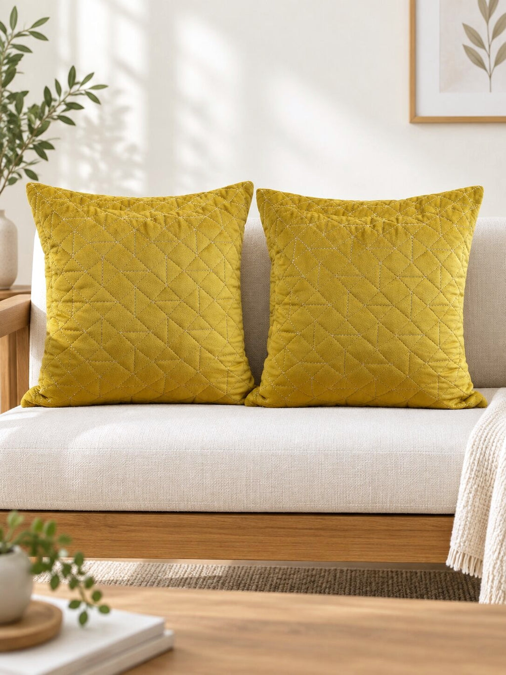 Mustard Quilted Velvet Cushion Cover – Set of 2