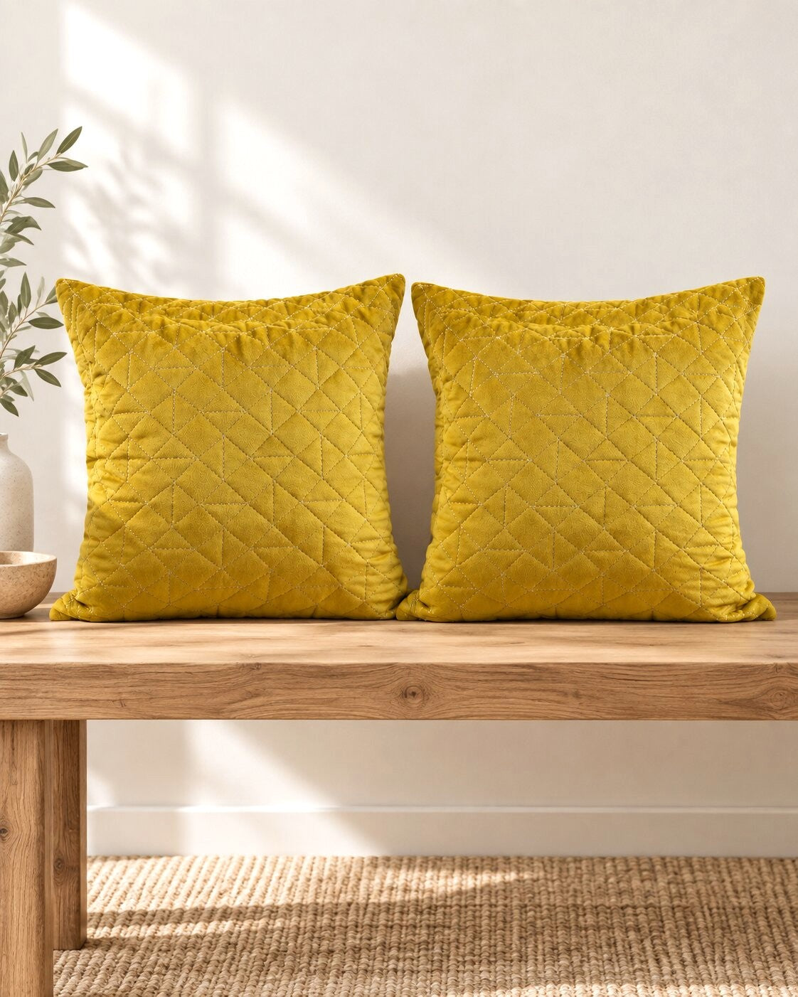 Mustard Quilted Velvet Cushion Cover – Set of 2