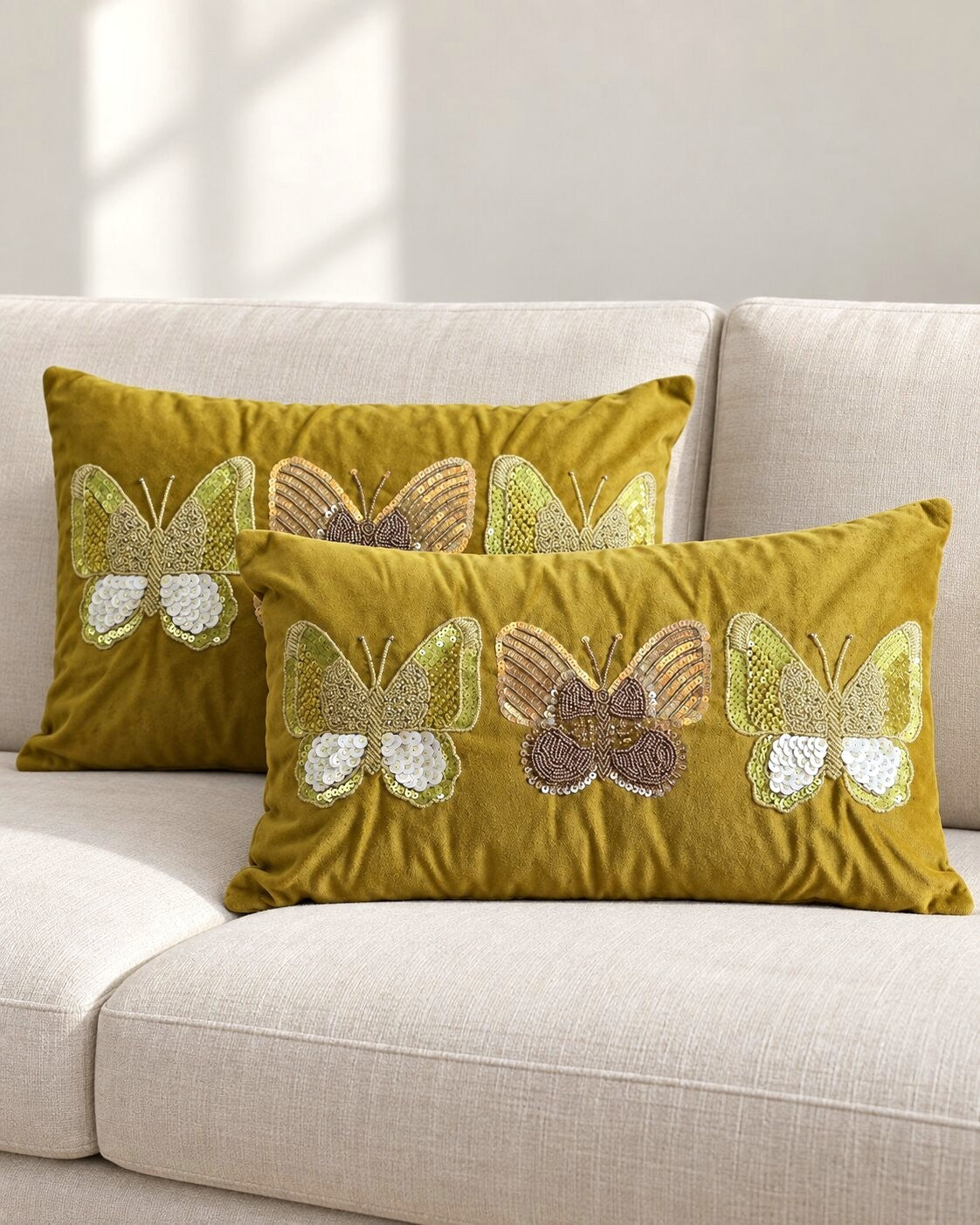 Olive Butterfly Velvet Cushion Cover – Set of 2