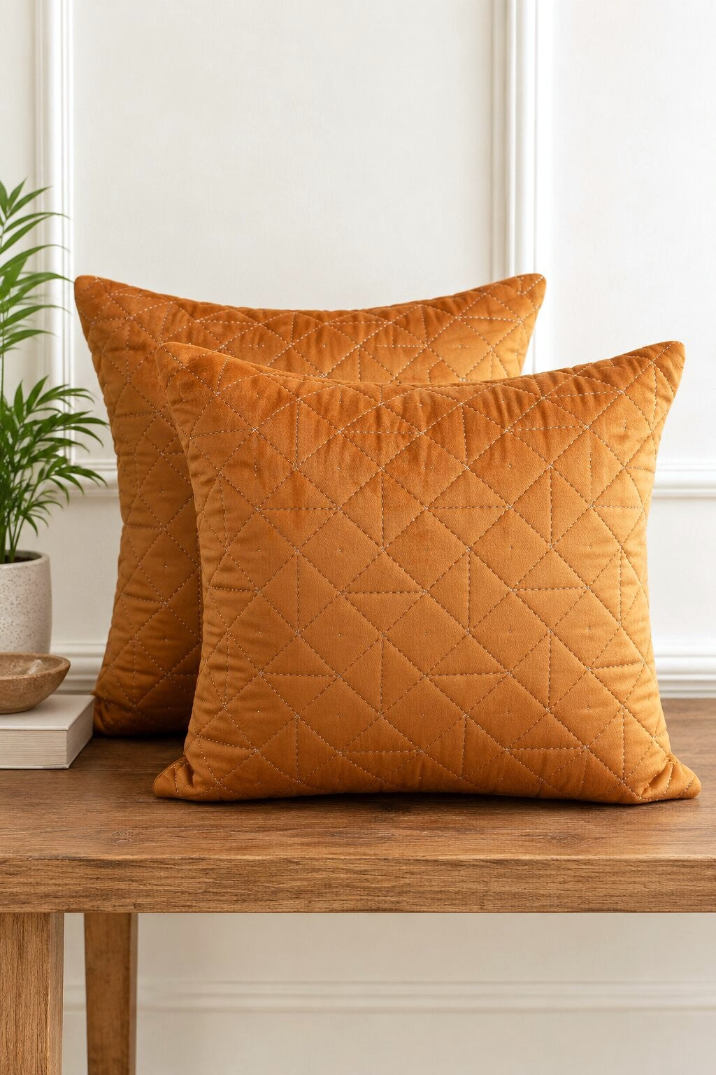 Golden Amber Quilted Velvet Cushion Cover – Set of 2