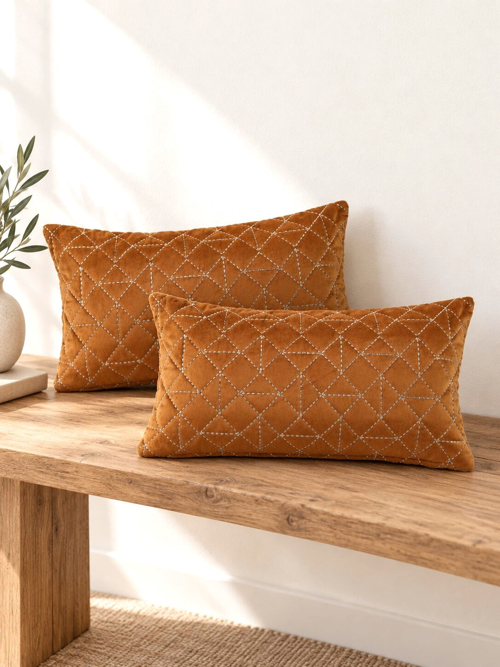 Terracotta Quilted Velvet Pillow Cover - Set of 2
