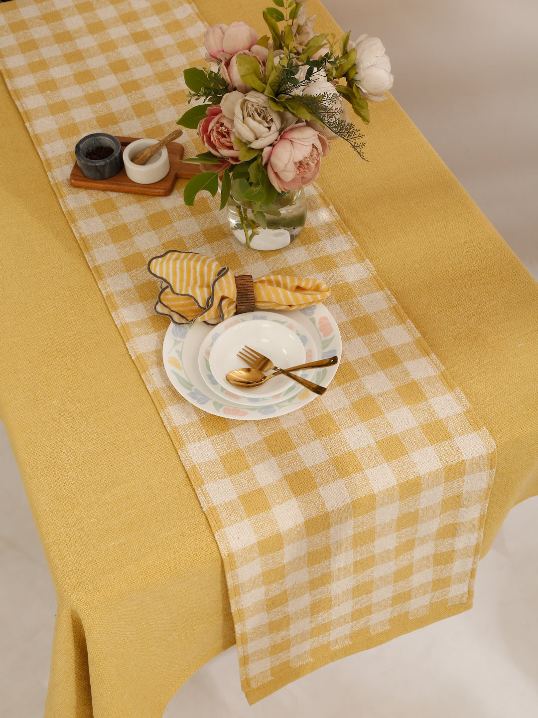 Yellow Checkered Cotton Boucle Table Runner