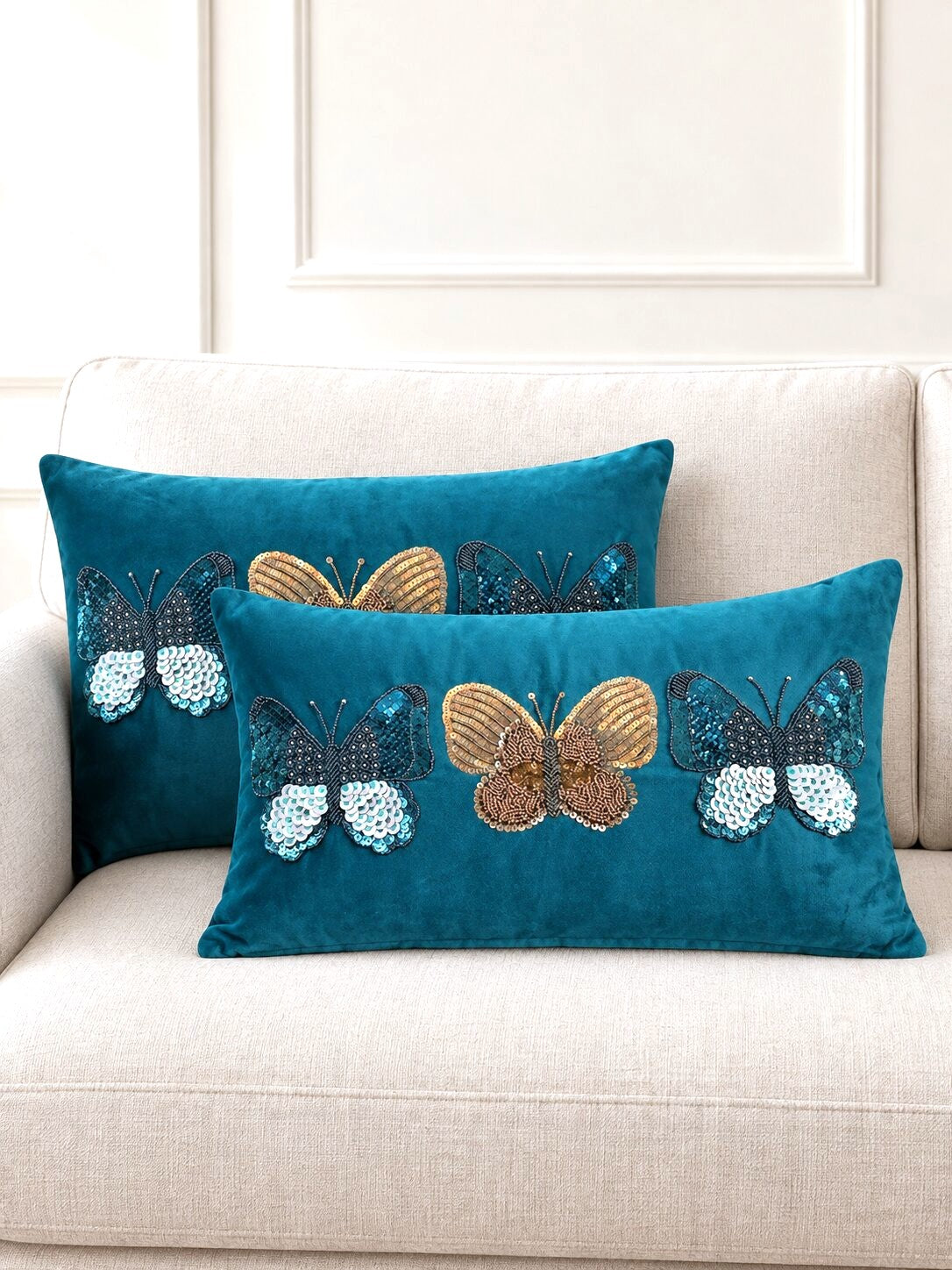Teal Butterfly Velvet Cushion Cover – Set of 2