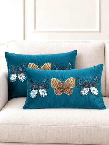 Teal Butterfly Velvet Cushion Cover – Set of 2
