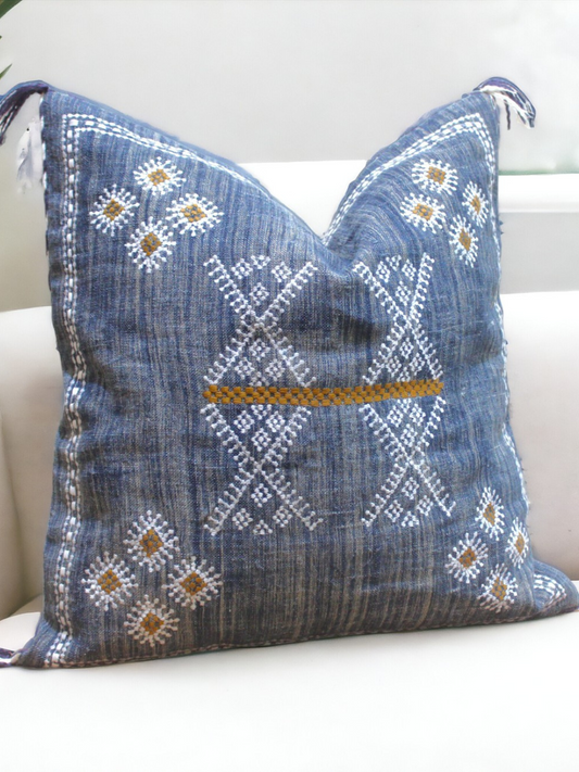 Embroidered Blue Linen Pillow Cover