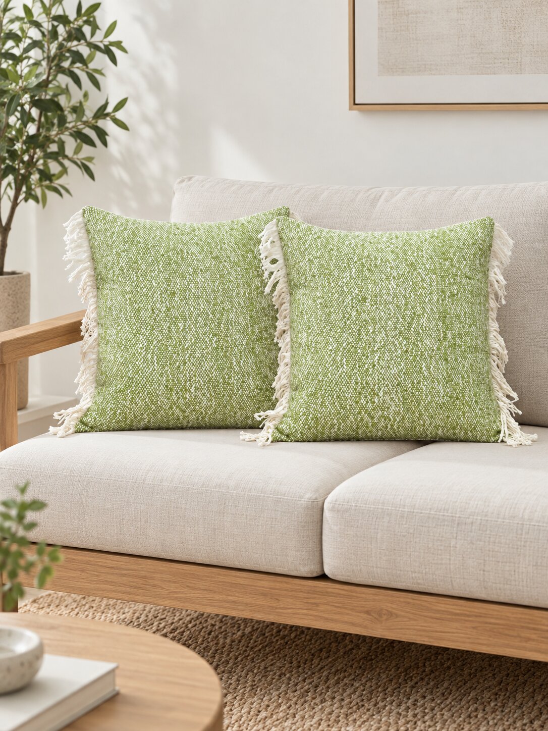 Willow Green Fringed Pillow Cover Set of 2